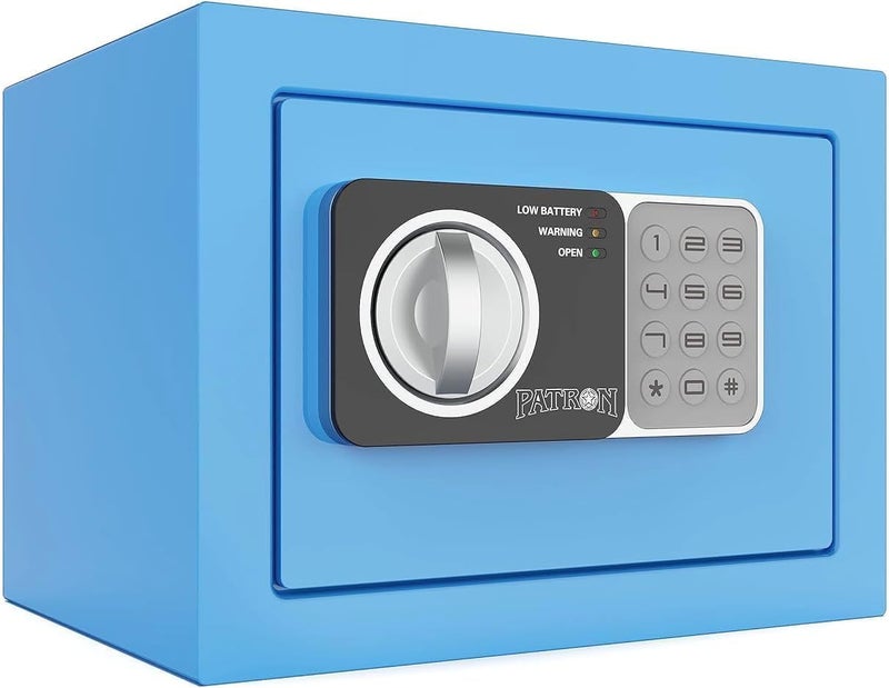 Patron small safe box with key，mini safe for money，small coin safes for home with code，little jewelry lock box for kids，Wall or Cabinet Safe for personal items，0.236 Cubic Feet Blue - Image 1